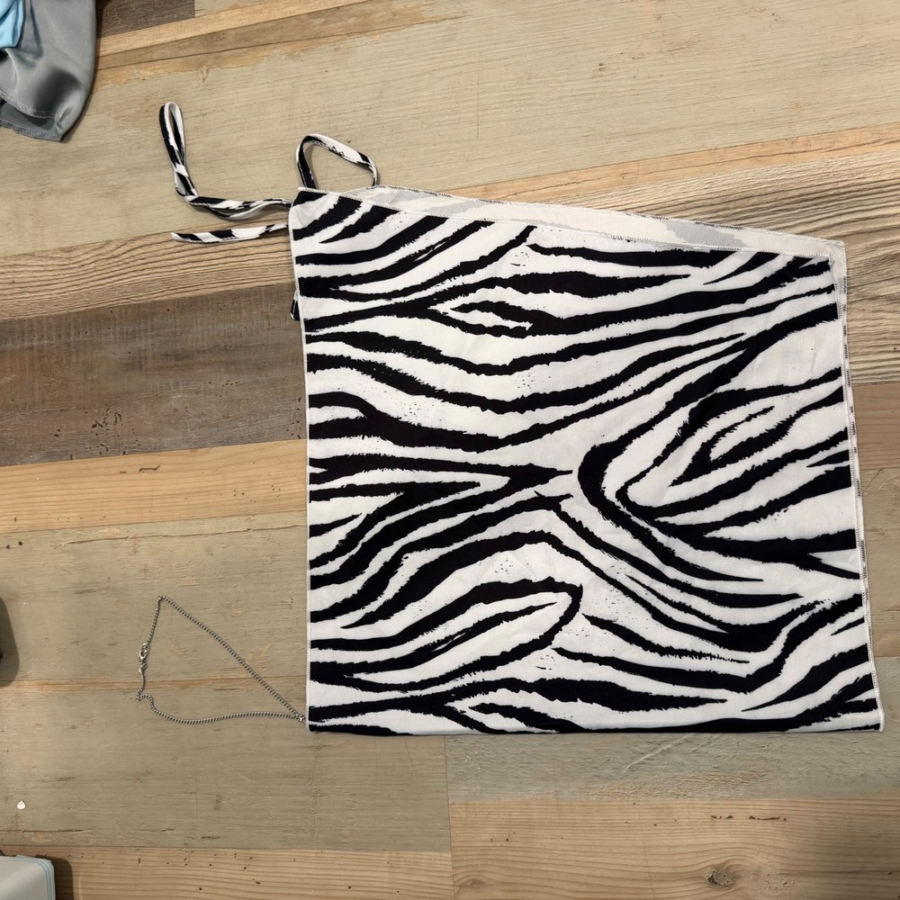 Zebra Print One Shoulder Scarf Top Black White Chain Detail Asymmetrical Hem